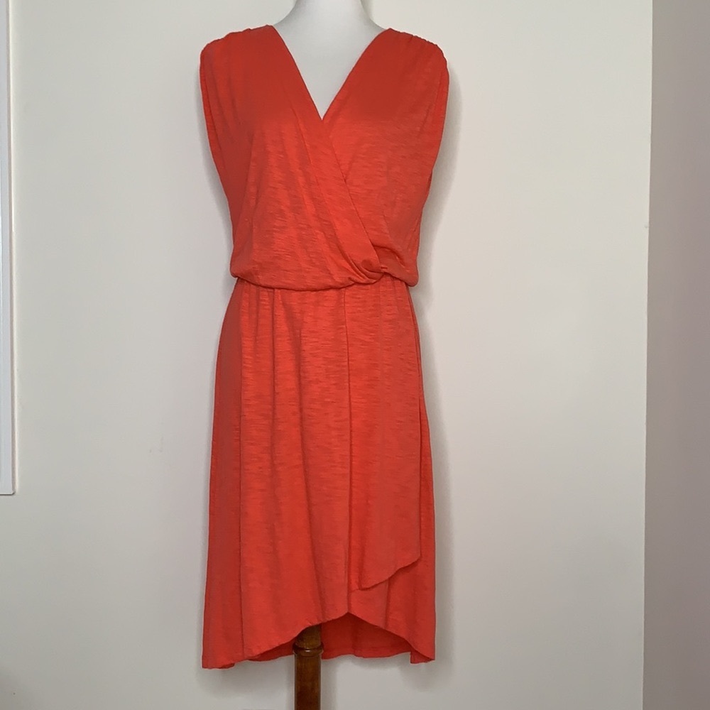 LILLA P Coral Top Faux Wrap V-Neck Sleeveless Ruched Shoulder Dress XS